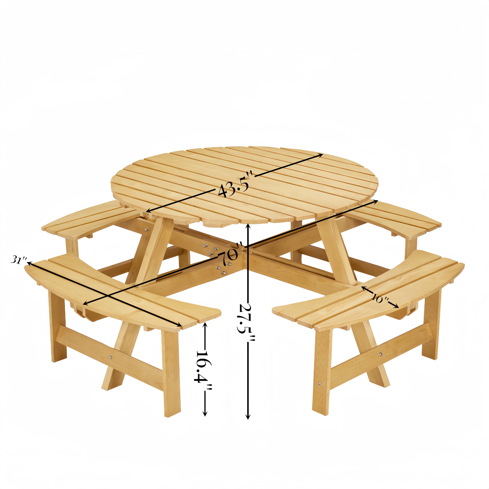 Leumius Outdoor Picnic Table Bench Set for 8 Persons,Round Picnic Table with 4 Built-in Benches & Umbrella Hole, Outside Table and Bench Set for Garden,Backyard,Porch,Patio,Natural