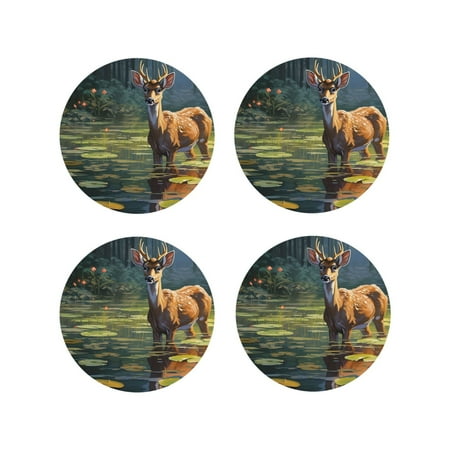 

Fuzoiu Peaceful Deer Lily Pond Print Leather Coasters Set Drink Coasters Set of 4 for Tabletop Protection Durable PVC Coasters Home Décor and Housewarming Gift-Round Shape
