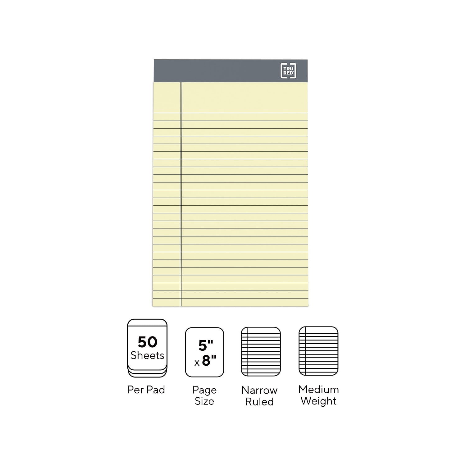 Staples TRU RED Notepads 5" x 8" Narrow Ruled Canary 50 Sheets/Pad 12 Pads/Pack (TR57359)