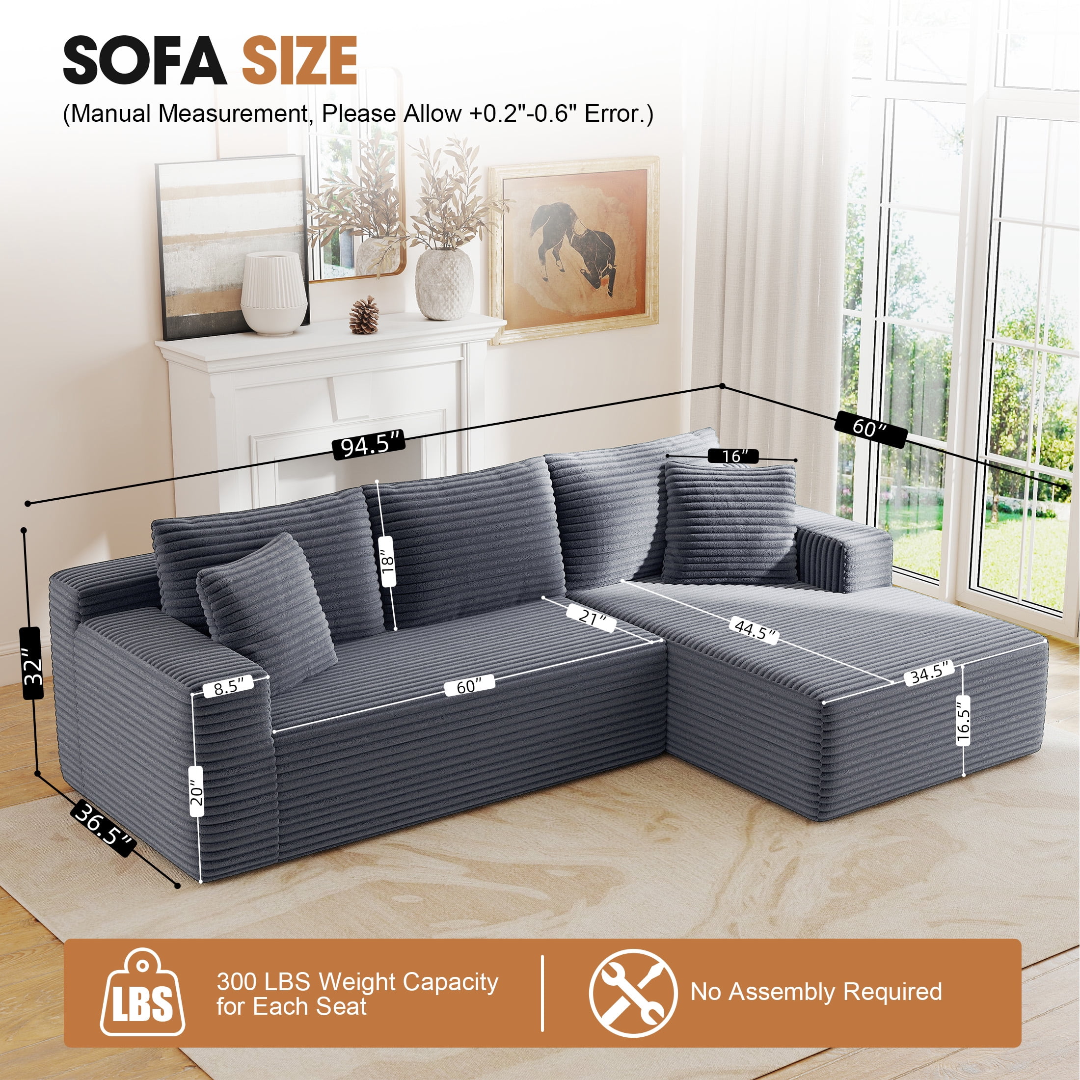 Aukfa Modular Sectional Sofa with Chaise, 95" Boneless Cloud Couch for Living Room, Gray