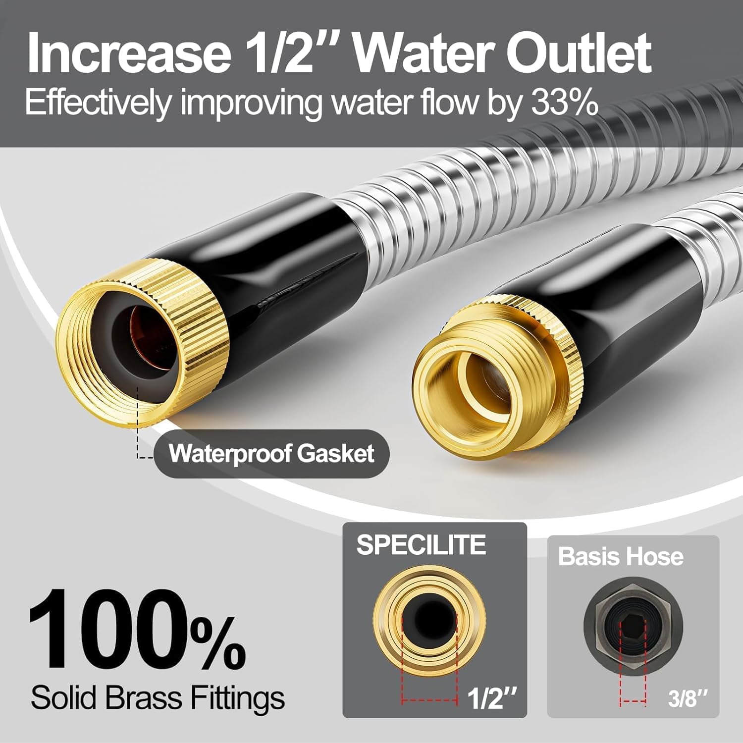 1/2" 304 Stainless Steel Garden Hose, 50FT Water Pipe with Heavy Duty Metal Nozzle for Yard, Outdoor, Lawn - Flexible, Never Kink & Tangle, Puncture Resistant