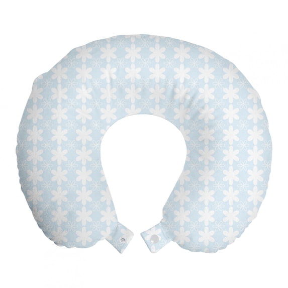 Floral Travel Pillow Neck Rest, Geometric Design Vertical Flowers Pattern on Baby Blue Background Artwork, Memory Foam Traveling Accessory Airplane and Car, 12", Baby Blue and White, by Ambesonne