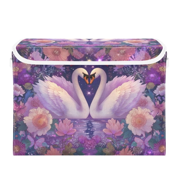 Swan in Love Beautiful Flowers Valentine Foldable Storage Bins with Lids Handles Collapsible Storage Containers Tote Boxes 16.5 x 12.6 x 11.8 inches