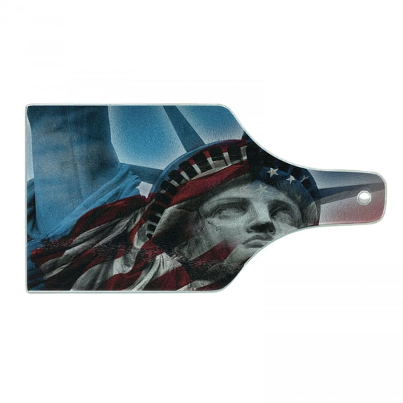 United States Cutting Board, Liberty and American Flag Double Exposure Justice Democracy Freedom, Decorative Tempered Glass Cutting and Serving Board, Wine Bottle Shape, Multicolor, by Ambesonne