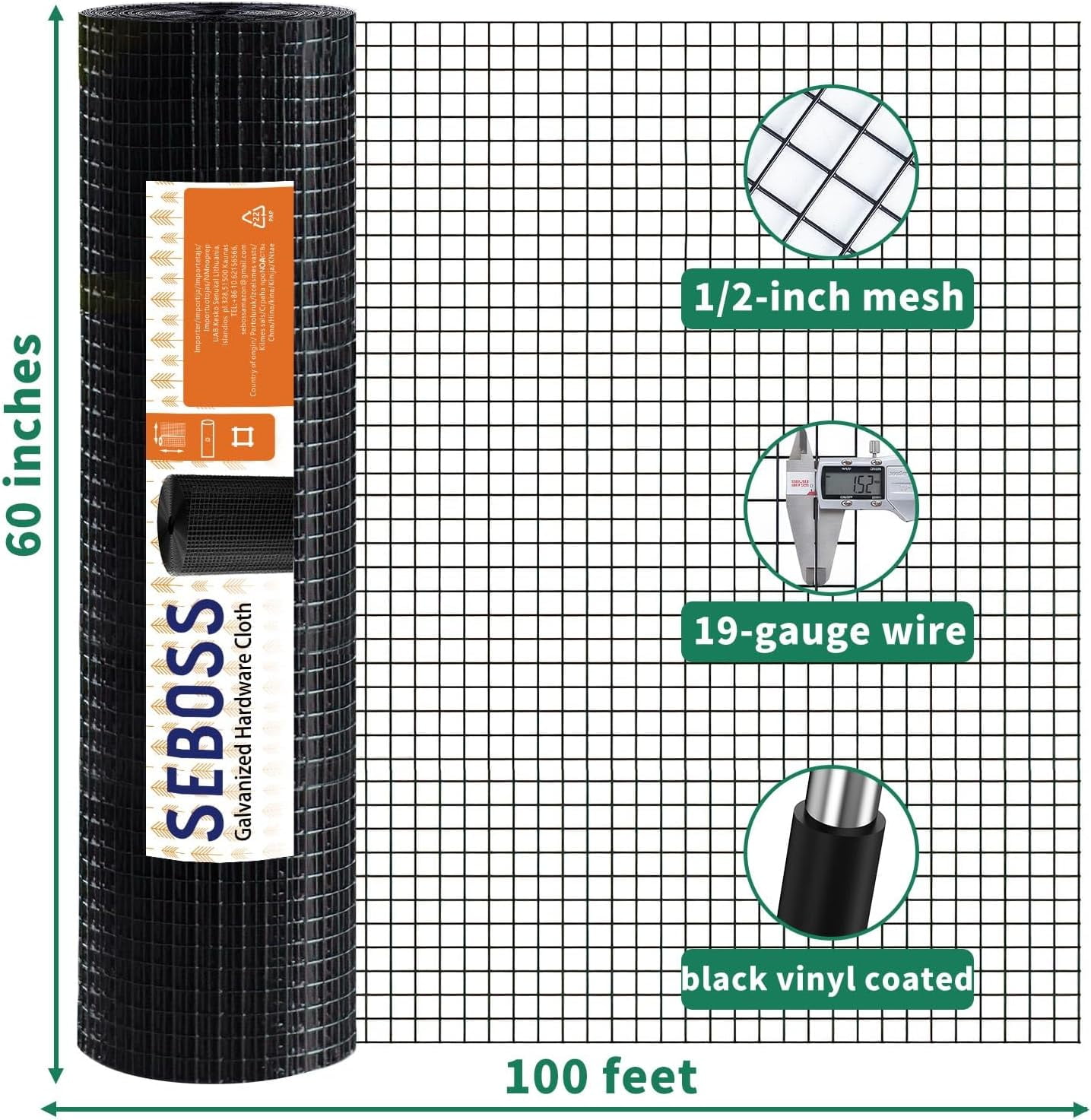 SEBOSS Black Hardware Cloth 1/2 inch 60'' x 100' 19-Gauge, PVC Coated Chicken Wire Fencing, Coating Wire Mesh Roll, Chicken Wire Mesh, Wire Fence Roll, Welded Wire Fencing, Garden Fence