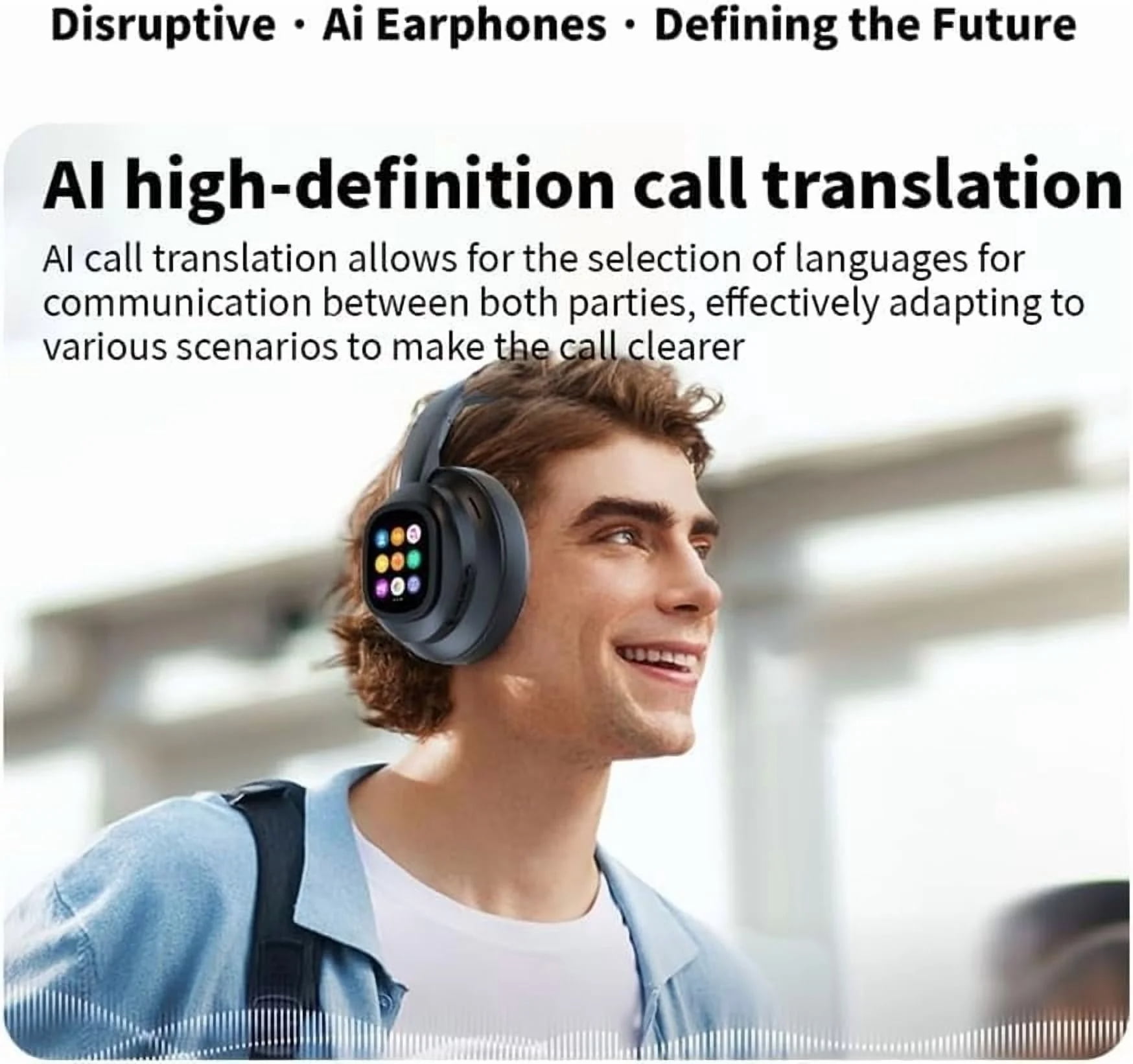 HY-X1 Pro AI Translation Wireless Headphones with Detachable Full Color LCD Touch Screen, Support 169 Languages Bluetooth Translation Function, for Travel Business(1Pc)