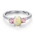 thumbnail image 3 of Gem Stone King 925 Sterling Silver White Ethiopian Opal and Pink Lab Grown Diamond Engagement Ring for Women | 0.87 Cttw | Oval Cabochon 7X5MM | Gemstone October Birthstone | Size 6, 3 of 6