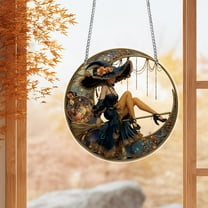 Enchanted Moon Witch Suncatcher Ornament, Vintage Acrylic Sun Catcher With Moon And Witch, Charming Moonlight Witch Acrylic Stained Glass Effect, Window Decoration Hanging Witch D 15cm