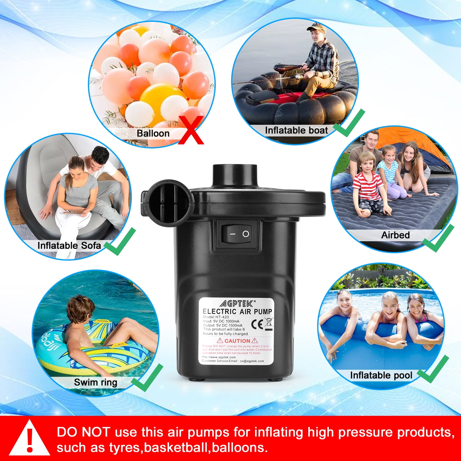 Electric Air Pump Quick-Fill Inflator & Deflator with 3 Nozzles, Lightweight & Portable Rechargeable Air Pump Perfect for Air Beds, Air Mattresses, Pool Toys & Inflatable