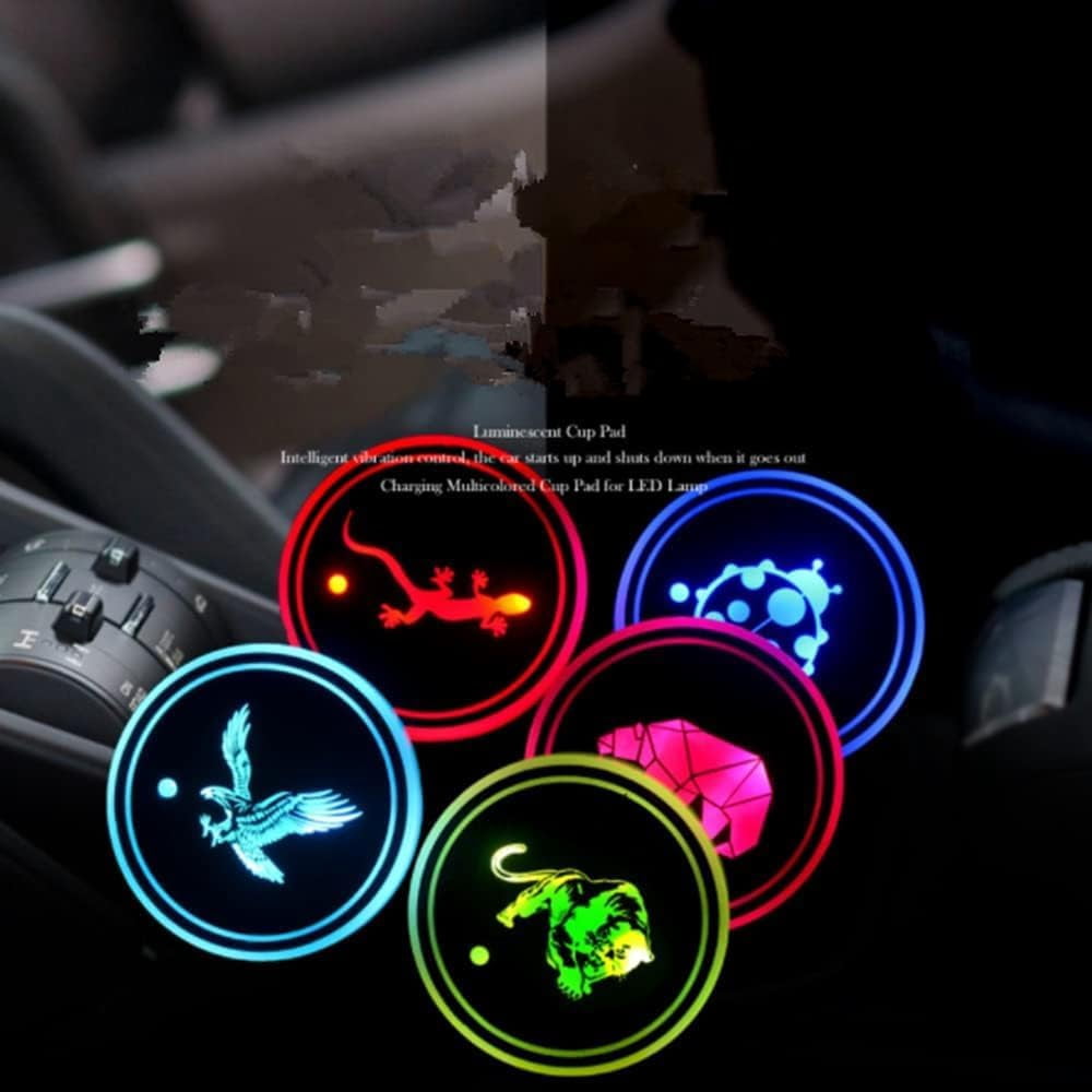 Huiyi 2pcs LED Car Coasters, Car Cup Holder Insert,LED Cup Pad Holder RGB 7 Colors Changing Lights USB Car Cup Coasters for Car Accessories (E)