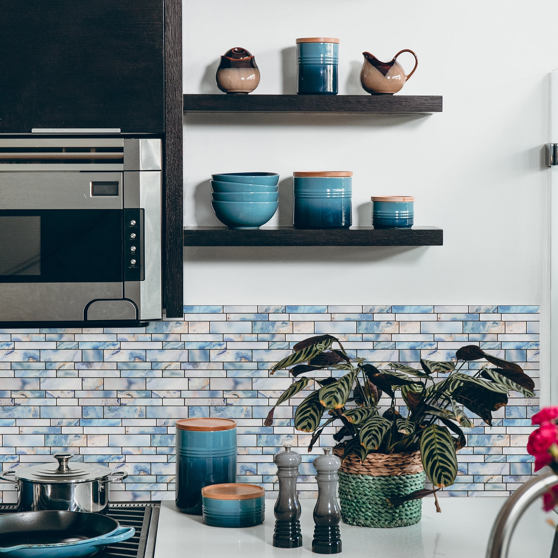 10-Sheet Peel and Stick Backsplash Subway Tile, 12"x12" Blue Marble Stone Design Self Adhesive Wall Tiles for Kitchen Bathroom