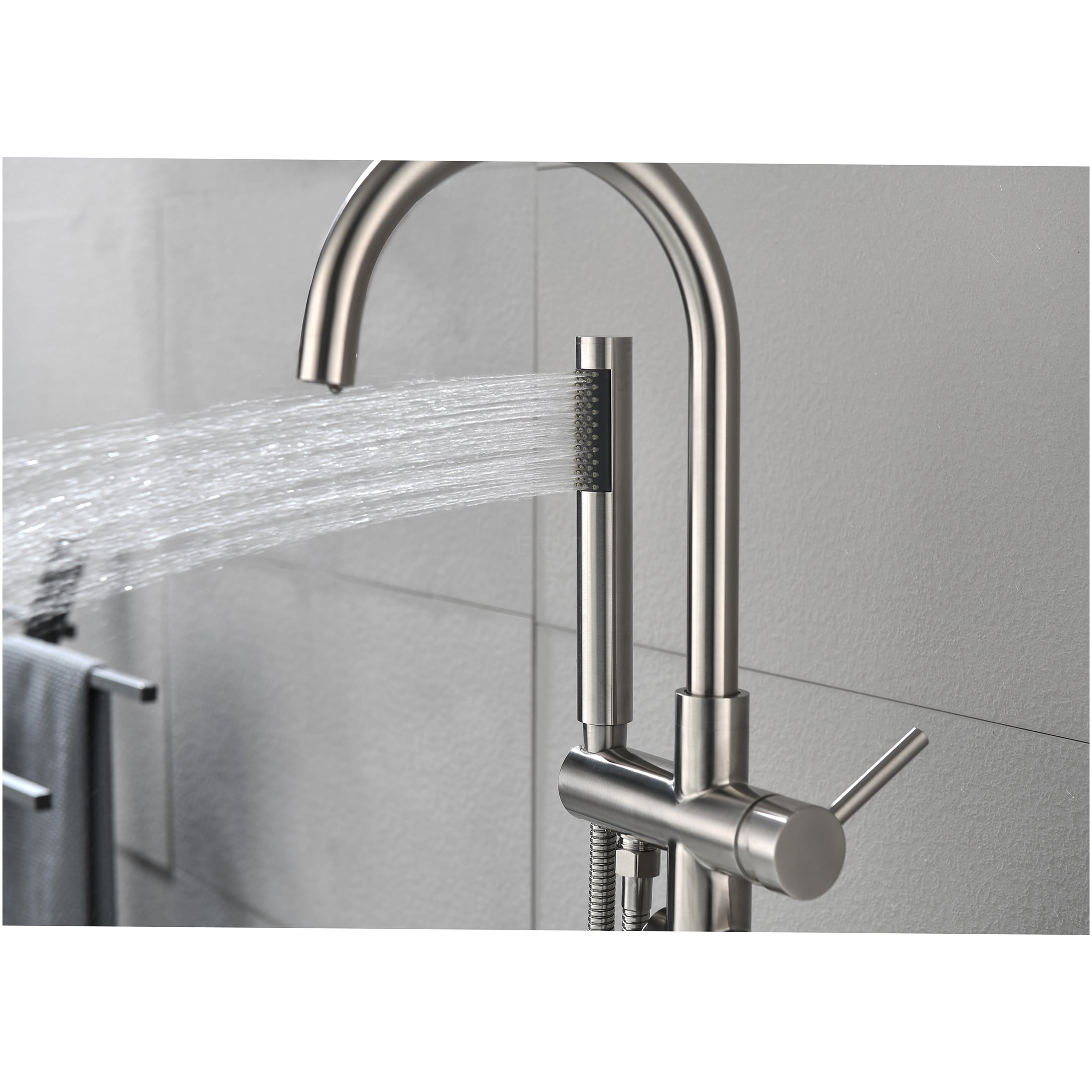 JERFIT Freestanding Tub Filler with Handheld Shower, Floor Mounted Bathtub Faucet in Brushed Nickel, High Flow Swivel Spout for Soaking Tubs