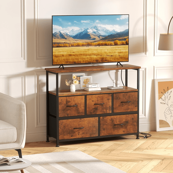 5 Drawer Chest of Drawers with Charging Station, Brown Fabric TV Stand