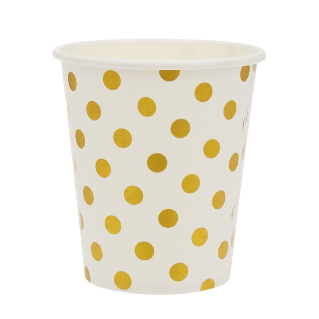 Juego de 180 piezas de vajilla desechable con diseño elegante: 60 vasos de 9oz, 60 platos de postre de 7" y 60 platos de 9" para fiestas - Puntos dorados sobre fondo blanco - Ideal para eventos