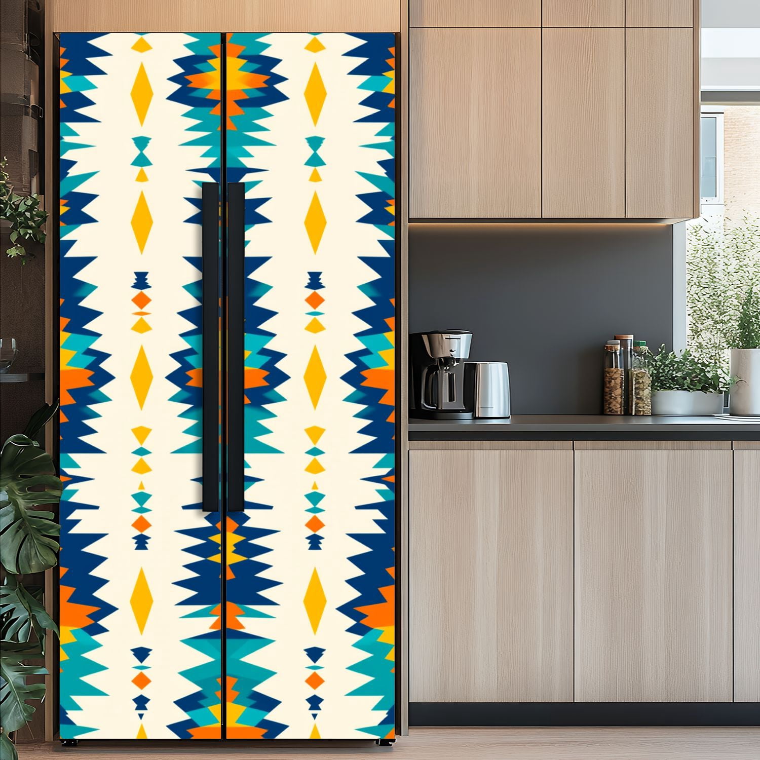 Self Adhesive Vinyl Refrigerator Wrap Set Timeless bohemian diamonds southwestern style blue teal Door Mural Removable Fridge Sticker Peel and Stick&nbsp;Full Door Cover Decal Kitchen Bar Decor