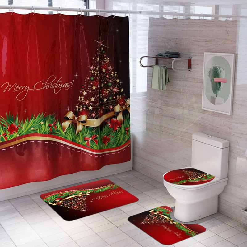 Christmas Shower Curtain With 3pcs Toilet Cover Mats Non