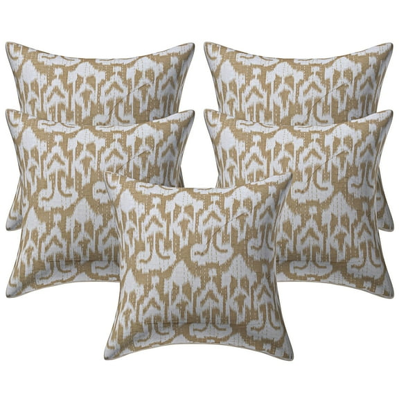 Stylo Culture Indian Sofa Throw Pillow Covers 16 x 16 Kantha Beige Printed 40cm x 40cm Living Room Decor Cotton Ikat Square Cushion Covers | Set Of 5