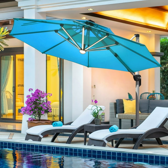 Costway Parasol de Patio Solaire à DEL 10 Pi Rotation à 360 Degrés Turquoise avec USB