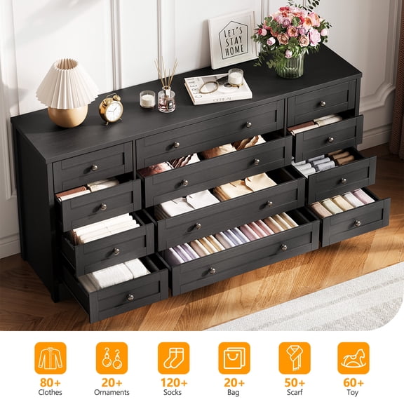 12 Drawers Wood Dressers, 63" Long TV Stand Dresser for 65 Inch TV