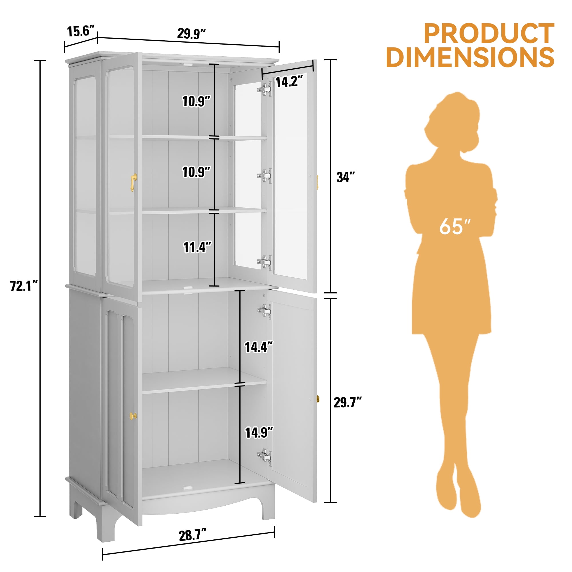 HLR 72 " Freestanding Kitchen Pantry Storage Sideboard,Glass Display Cabinet with Doors, White