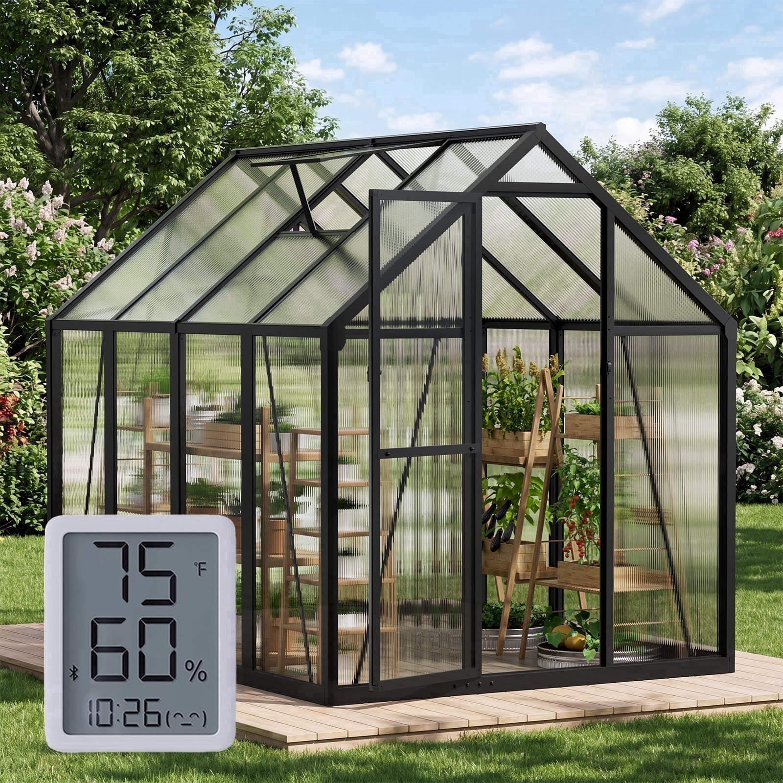 Sanerto 6x7.5FT Heavy-Duty Walk-in Outdoor Greenhouse, Reinforced Aluminum Frame, UV-Resistant Polycarbonate Panels, Built-in Thermometer & Hygrometer, All-Weather Garden Greenhouse