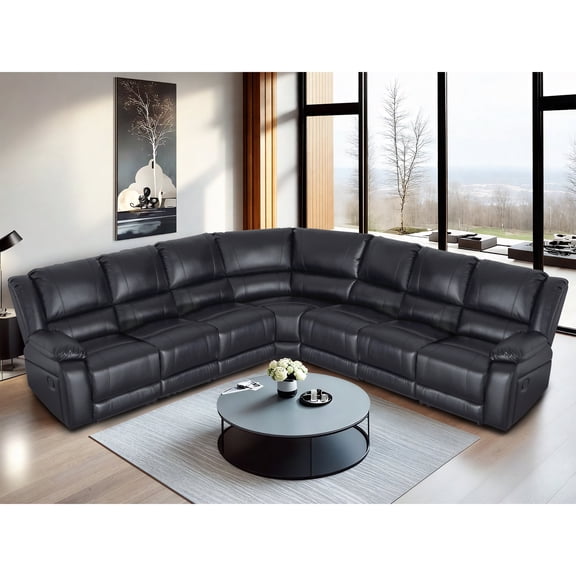 Ellesophas 7-Seat PU Leather Reclining Sectional Sofa Set with Footrest, Wide Padded Armrests, Removable Backrest, Perfect for Living Room & Home Theater, Black