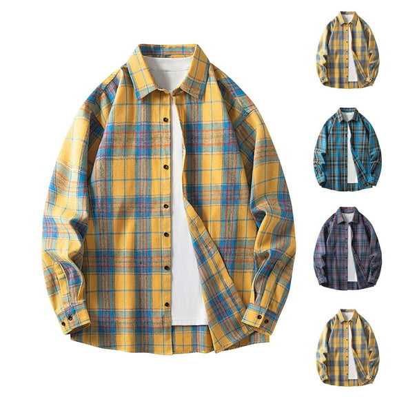 VBTAPA Mens Plaid Button Down Shirts Loose Casual Flannel Shirt Jacket Lightweight Shacket Open Front Long Sleeve Cardigan Tops Yellow M