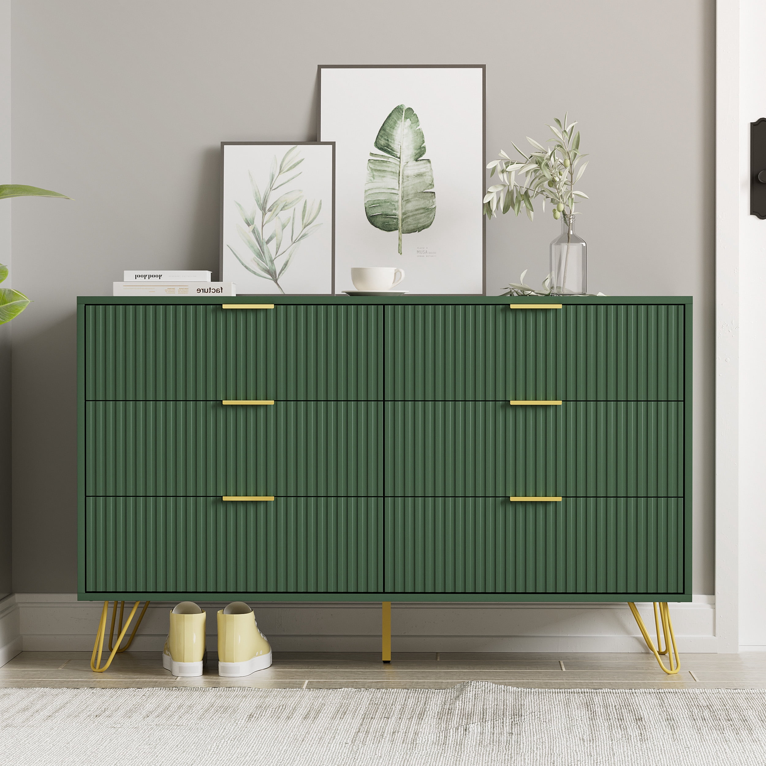 Furniway Modern 6-Drawer Dresser for Bedroom, Green, 29.5 x 15.7 x 47.2 Inches