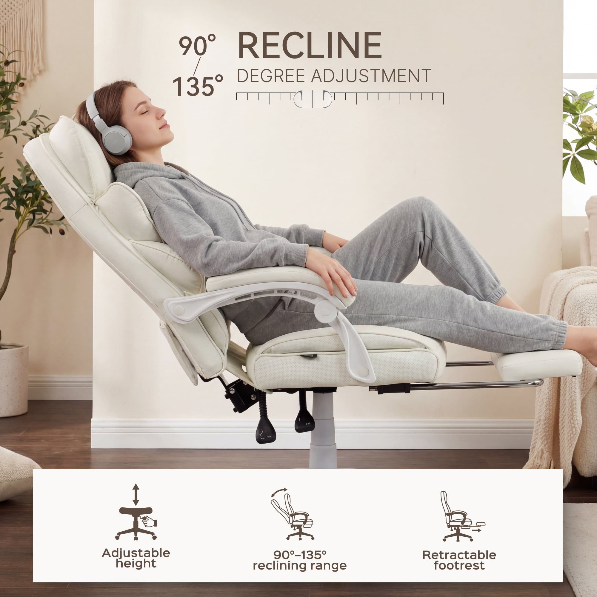 GOOSEA Adult Fabric High Back Indoor Residential Adjustable Seat Height and Lumbar Support Executive Chairs with Footrest, White