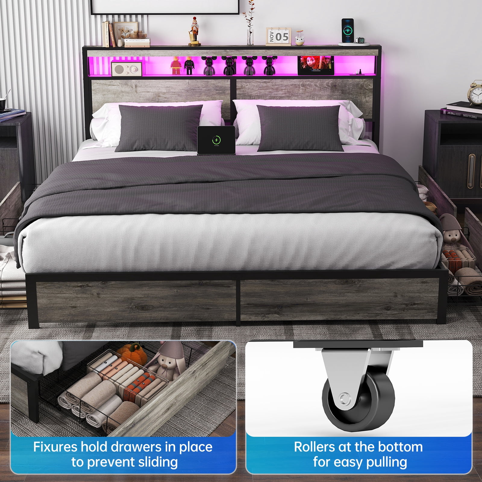 DRNANLIT King Size Bed with Storage Headboard, 4 Drawers, LED Lights, Charging Station, Metal Platform, No Box Spring Needed, Grey