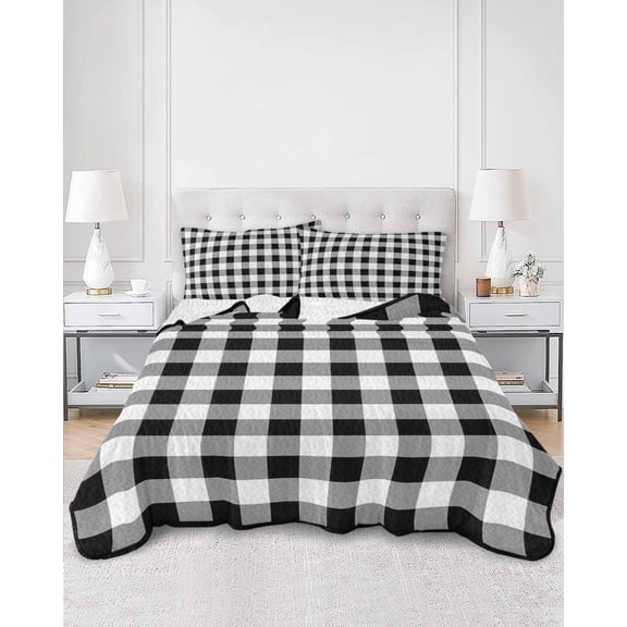 Quilts Queen Size, Black and White Plaid Soft Comforter Bedding Set for Bed, Farmhouse Checkered Buffalo Lightweight Quilted Bedspread with Pillow Cover(2 Pieces) for All Season, 90x96 Inch