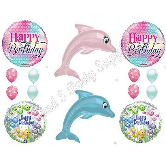 DOLPHINS Happy Birthday Balloons Decoration Supplies Summer Luau Ocean Sea