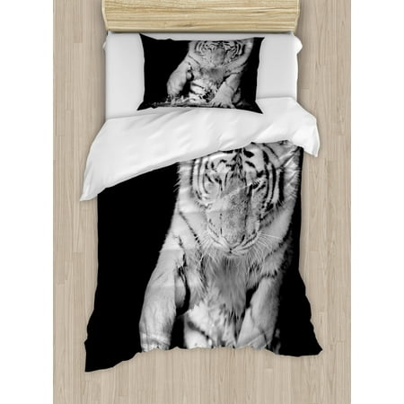 Tiger Duvet Cover Set Black And White Image Of Large Cat Playing