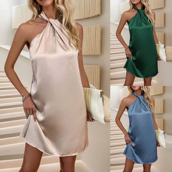 Mceream Women's Halter Neck Twist Front Satin Mini Dress, Loose Fit Shift Dress, Elegant Cocktail, Evening Party, Wedding Guest Dresses Gold S