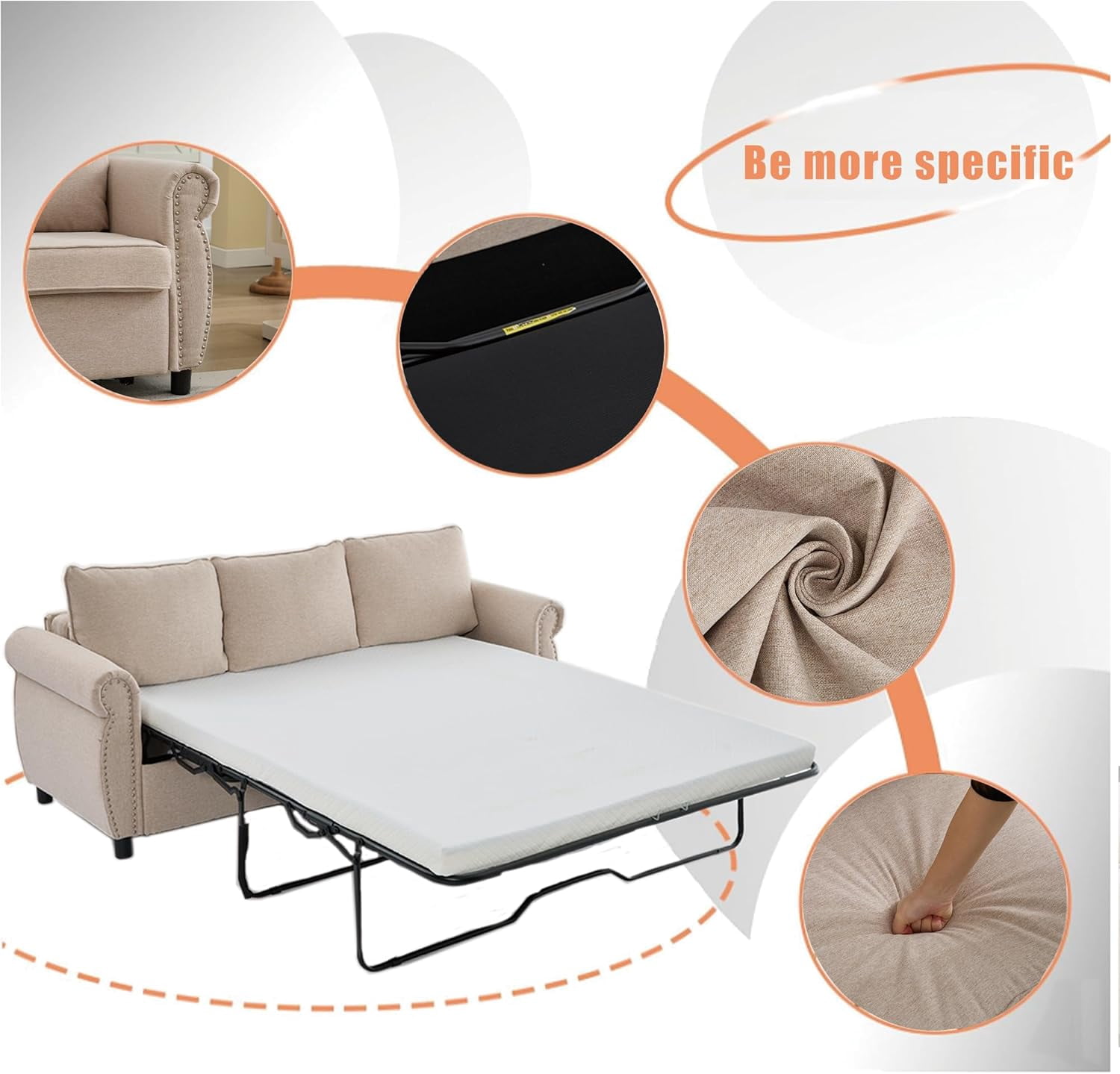 Sleeper Sofa Bed Full Size, Pull Out Couch with Mattress, 81.5'' 3 Seater Upholstery Sectional Couches, Modern Linen Convertible Sofa, Living Room Furniture for Small Spaces, Apartment, Beige