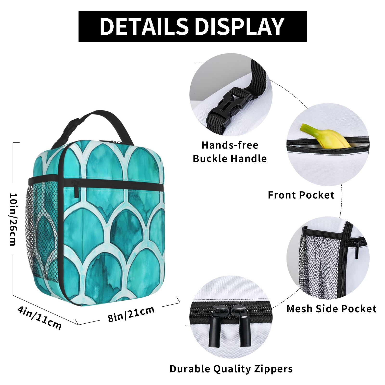 Lunch Bag For Women Men Insulated Portable Lunch Box Bento Box Office Picnic Travel Cooler Bag Turquoise Moroccan Trellis Hand-Drawn Sketch_2