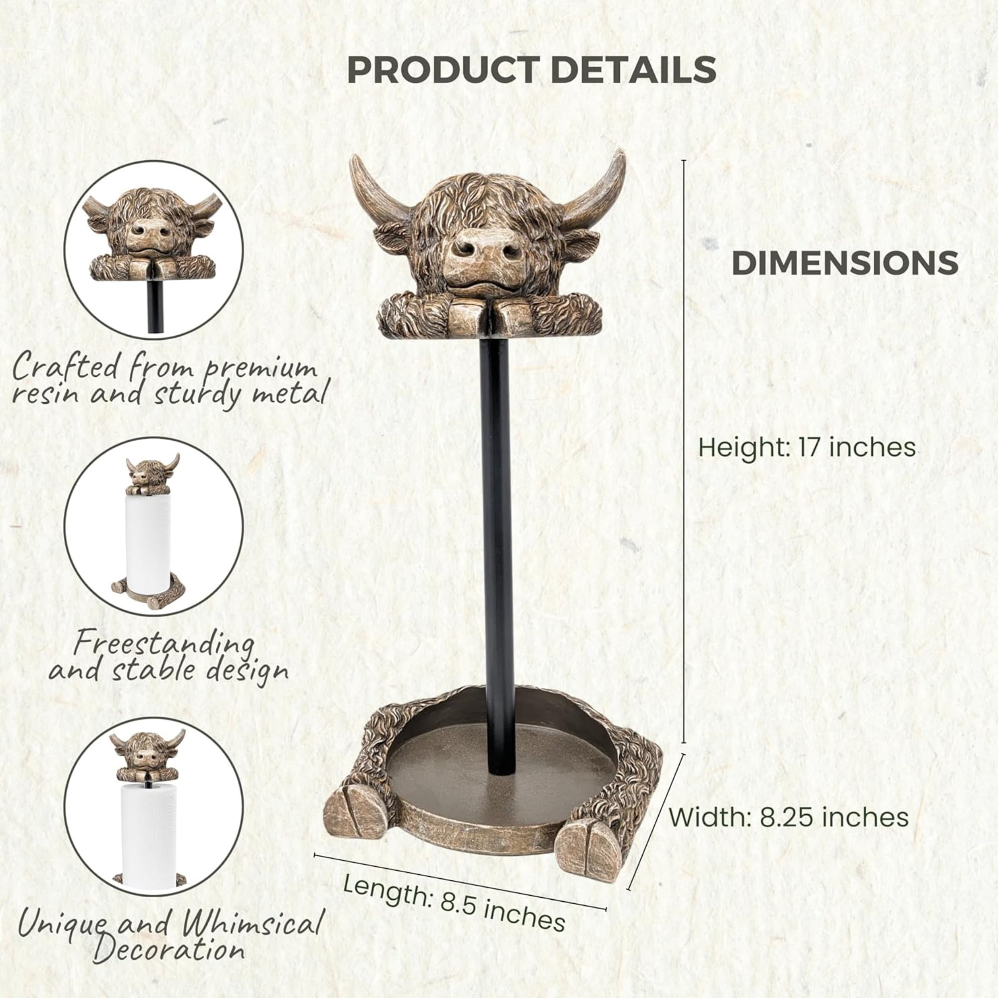 Rustic Highland Cow Paper Towel Holder - Unique Resin & Metal Farmhouse | Country Style Decor for Kitchen & Dining, Adorable Highland Cow Design, Ideal Gift Idea, Fits Standard Rolls