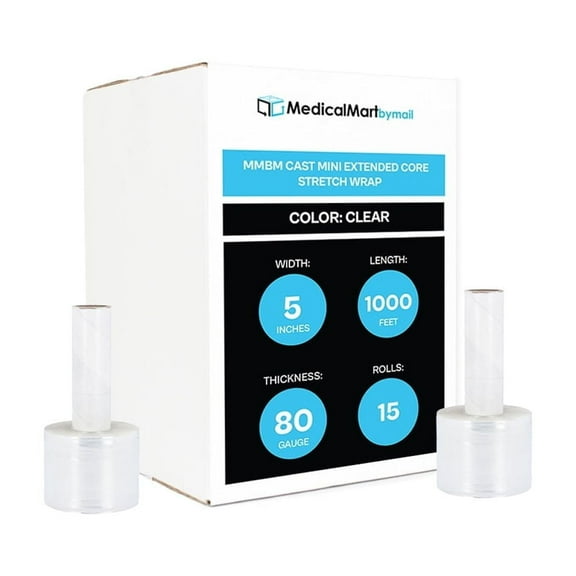 MMBM Industrial Mini Stretch Wrap with Extended Core 5" x 1000' 80 Gauge 15 Rolls Clear Plastic Cling Film for Packaging
