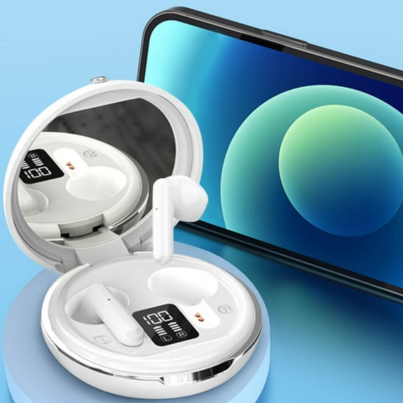 EQWLJWE Wireless Earbuds for Girls, Bluetooth Earbuds with Make-up Mirror, LED Display, Bluetooth V5.3, Waterproof Bluetooth Earphones in-Ear Headphones for Travel Workout Running Jogging