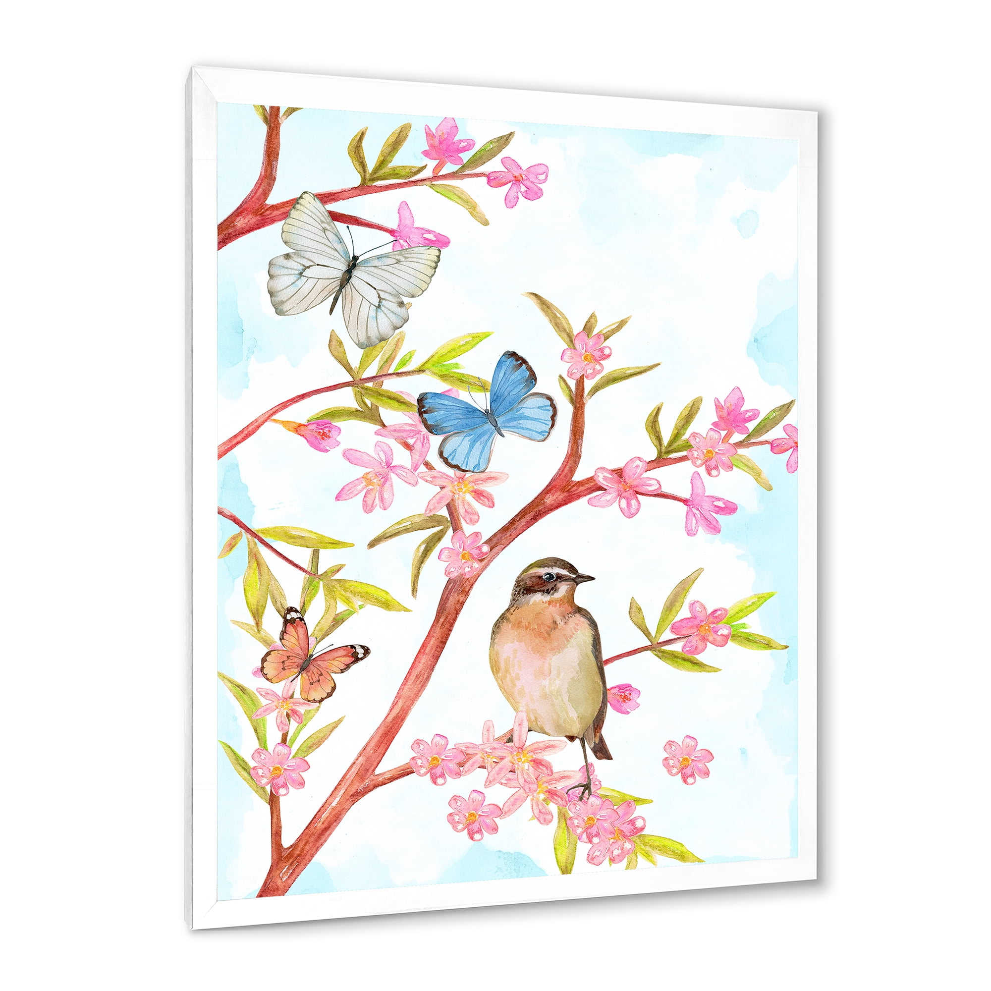 Clever Bird Sitting On Branch of A Spring Tree With Butterflies 30 in x 40 in Framed Painting Canvas Art Print, by Designart