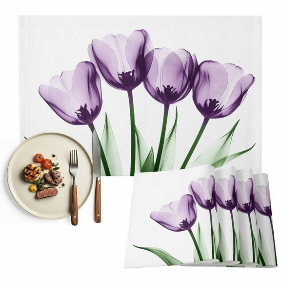 Purple Tulip Floral Placemats Set of 2, Vintage Watercolor Flowers Table Mats Washable Heat-Resistant Non-Slip Place Mats for Kitchen Dinner Table Indoor Outdoor Decor,13x19 Inch