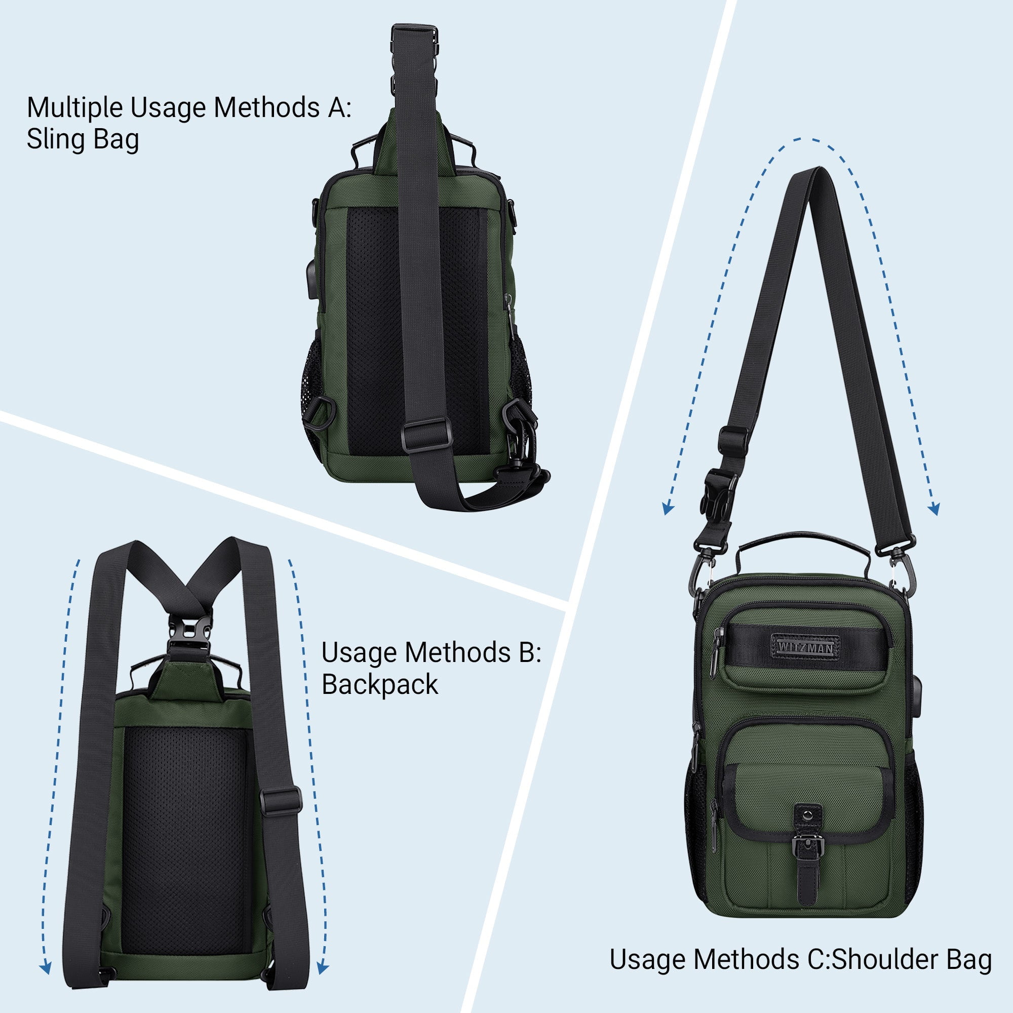 WITZMAN Sling Bag for Men Convertible Travel Sling Backpack USB Charging Port Lightweight Crossbody Bags Casual Daypack（B698 Army Green）