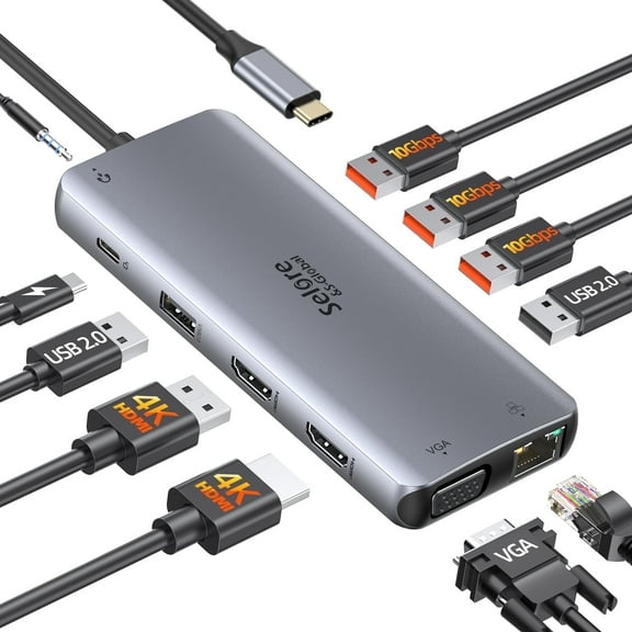 USB C Docking Station Dual Monitor Laptop Docking Station Triple Display USB C Hub Dual HDMI Adapter to 2 HDMI, VGA, 10Gpbs USB 3.1, USB 2.0, 100WPD, RJ45, Audio for Dell/Lenovo/Hp