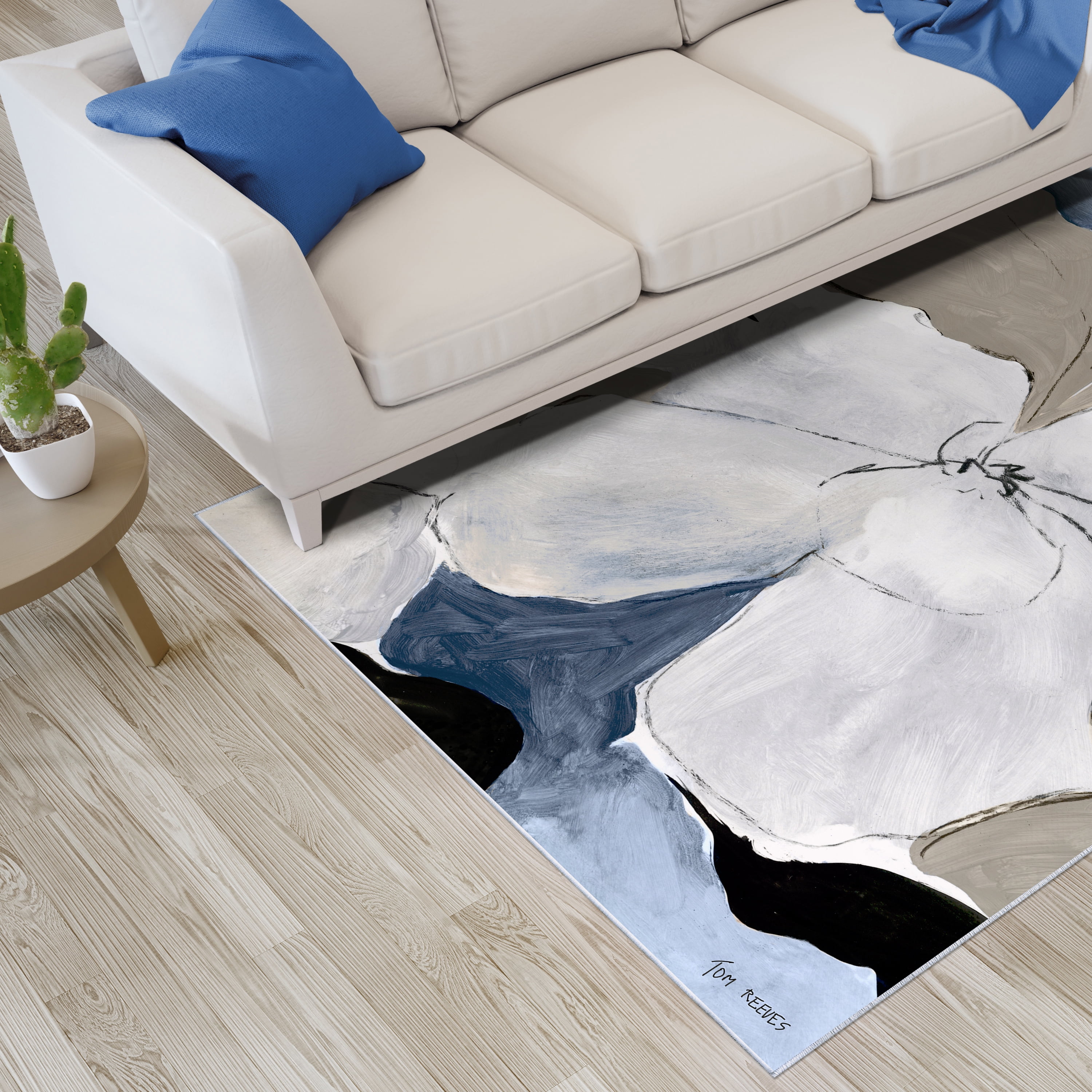Gray Flowers I Washable Art Area Rug size 5'x8'