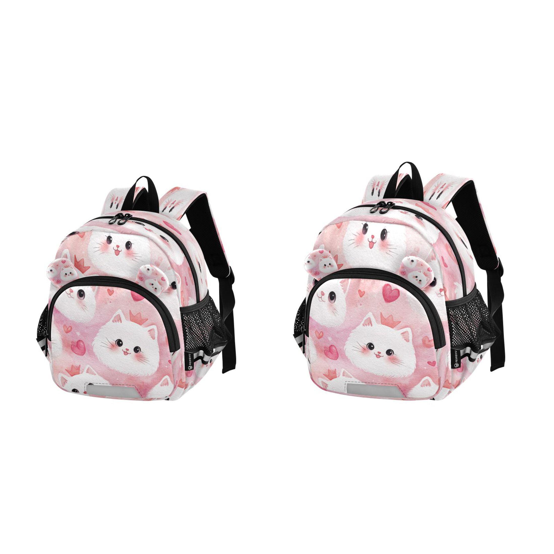 RMDQTR Adorable Ear-Print Backpack with Reflective Strip and Anti-Lost Leash Adjustable Shoulder Straps Mini Travel Backpack Cat Faces and Pink Hearts
