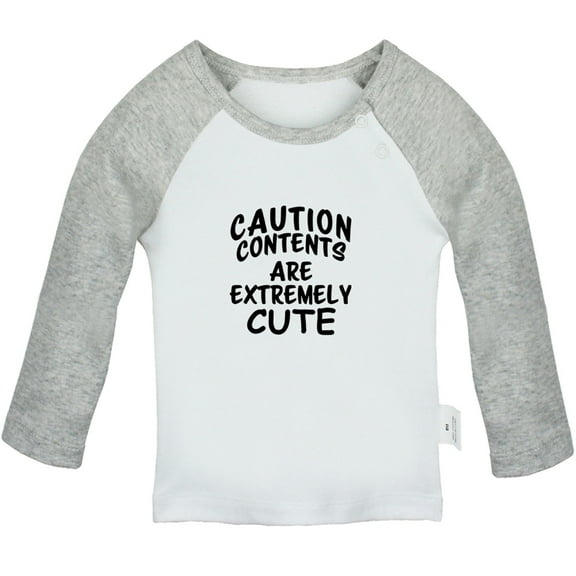 Caution Contents Are Extremely Cute Funny T shirt For Baby, Newborn Babies T-shirts, Infant Tops, 0-24M Kids Graphic Tees Clothing (Long Gray Raglan T-shirt, 0-6 Months)