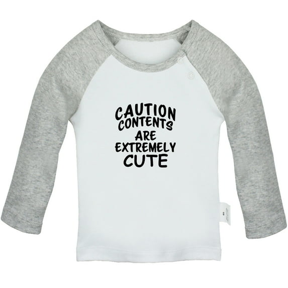 Caution Contents Are Extremely Cute Funny T shirt For Baby, Newborn Babies T-shirts, Infant Tops, 0-24M Kids Graphic Tees Clothing (Long Gray Raglan T-shirt, 0-6 Months)