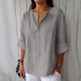 thumbnail image 2 of AherBiu Plus Size Tops for Women Button Notch V Neck 3/4 Sleeve Cotton Linen Lightweight Summer Shirt Blouse, 2 of 6