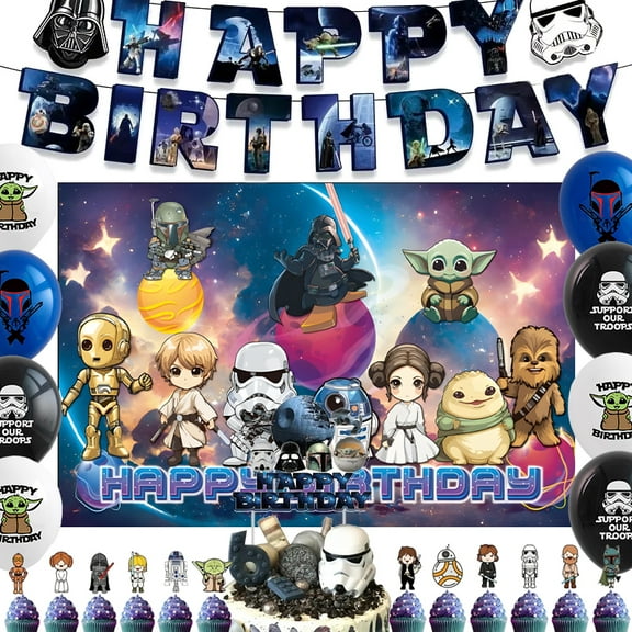 45pcs cartoon animation birthday party supplies,Baby Yoda Cartoon themed party favors include banners, balloons, cake decorations and backdrops, suitable for many occasions