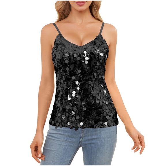 POROPL Sequin Tops for Women Sparkly Shiny Cami Tank Top V Neck Concert Outfits Party Night Black